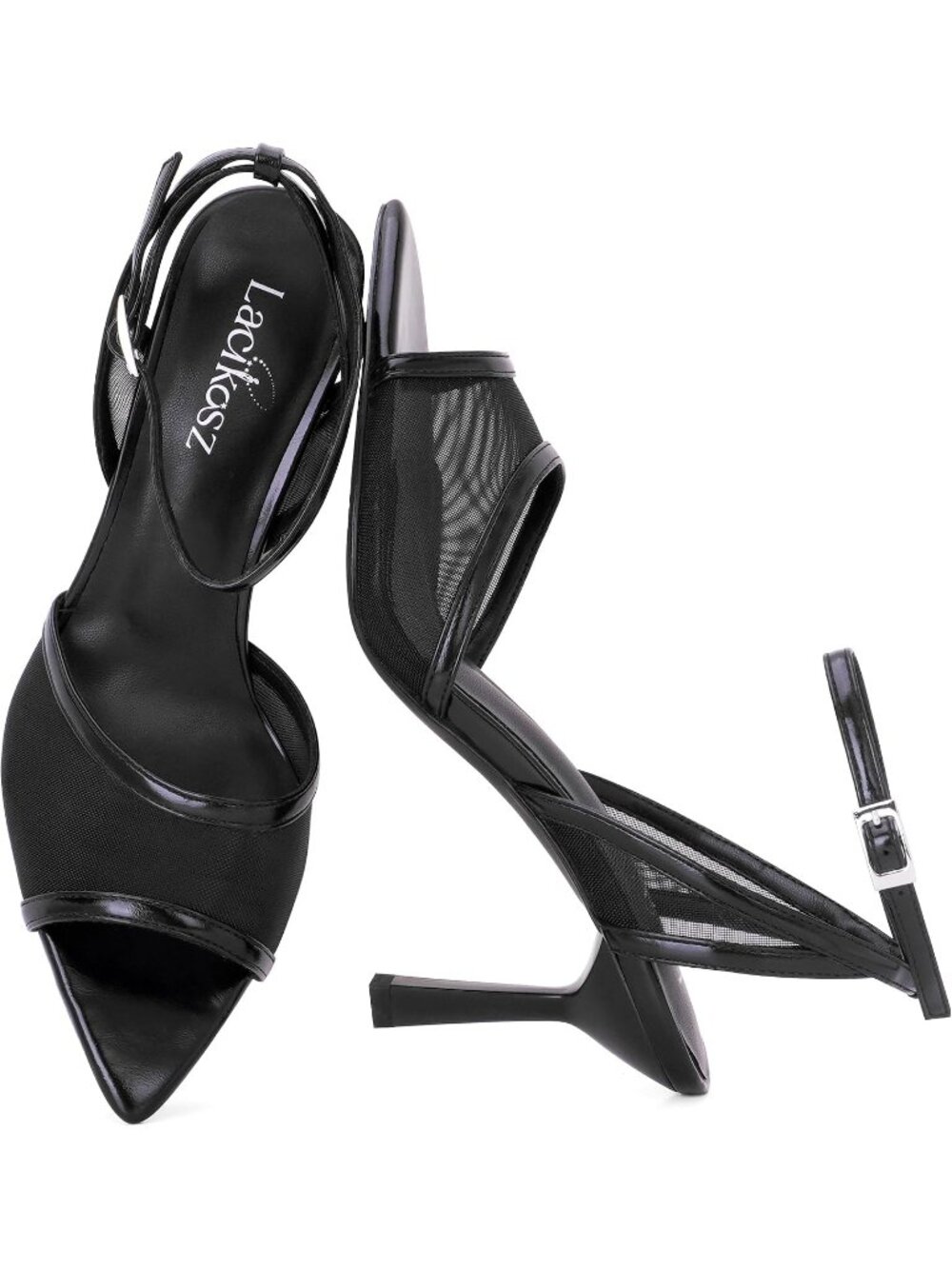 Women's Cool Black Mesh High Heels Strappy Sandals Shoes Pointed Toe Ankle Strap